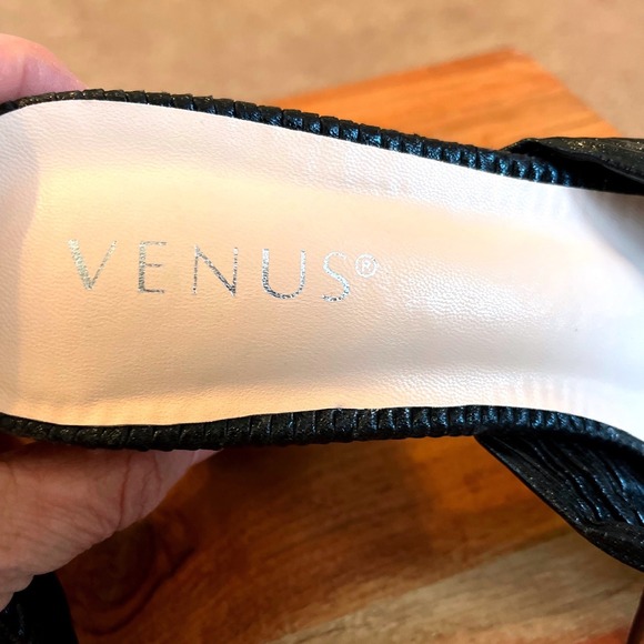 Venus Black Pleated Bow Mule Heels Block Heel Slide Sandals Womens 9.5 - Picture 4 of 13